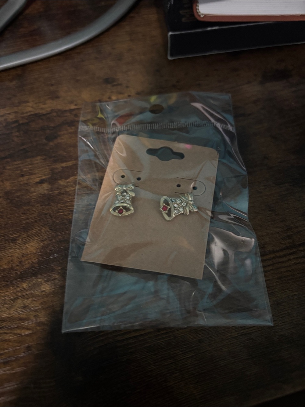 Source Unknown Gold Bell Stud Earrings with Red Accents
